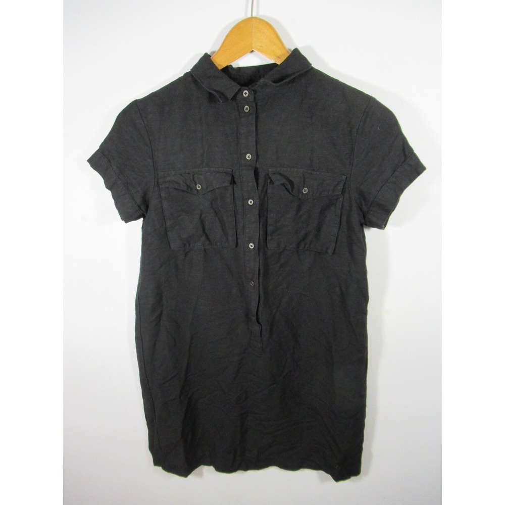 Banana Republic Shirt Dress Women 2 Black Short Sleeve Linen/Viscose Preppy
